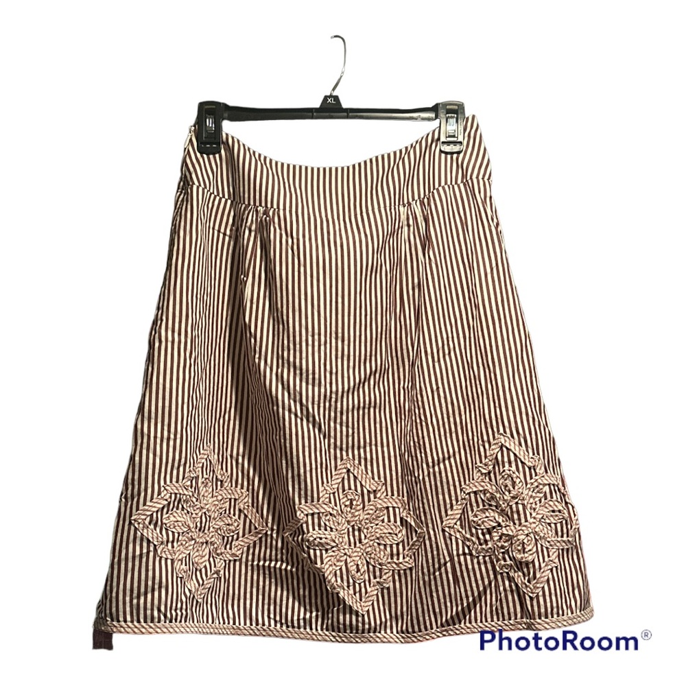 LOFT Skirt A-Line Midi Pinstripe Mesh Hem Floral Applique Cotton Lined Maroon 0